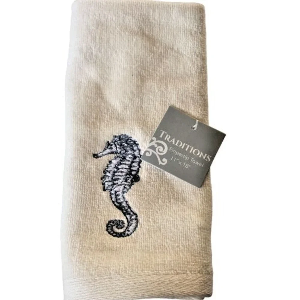 Traditions Seahorse Fingertip Towel Embroidered Ivory Summer Beach Home 11x18